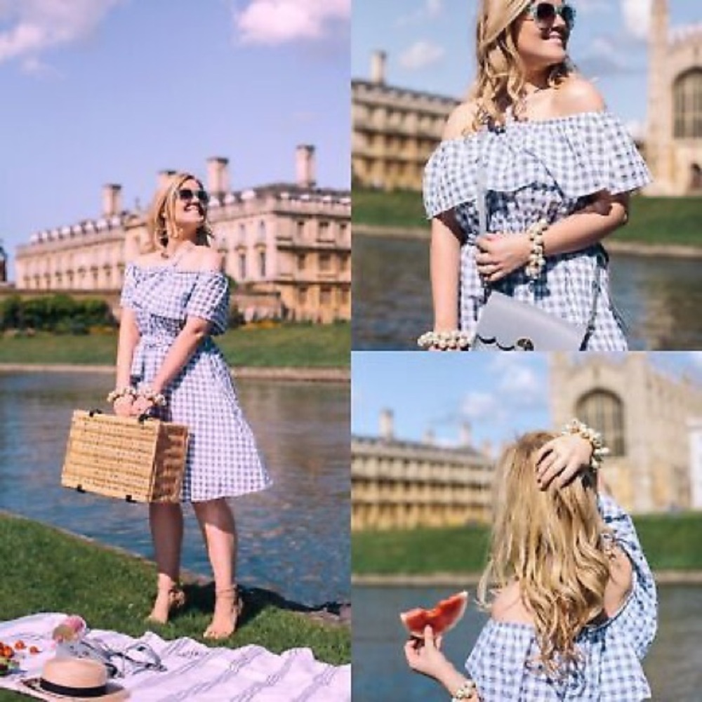 Anthropologie 11-1 Tylho Kinsey Off-The-Shoulder Dress Blue Gingham